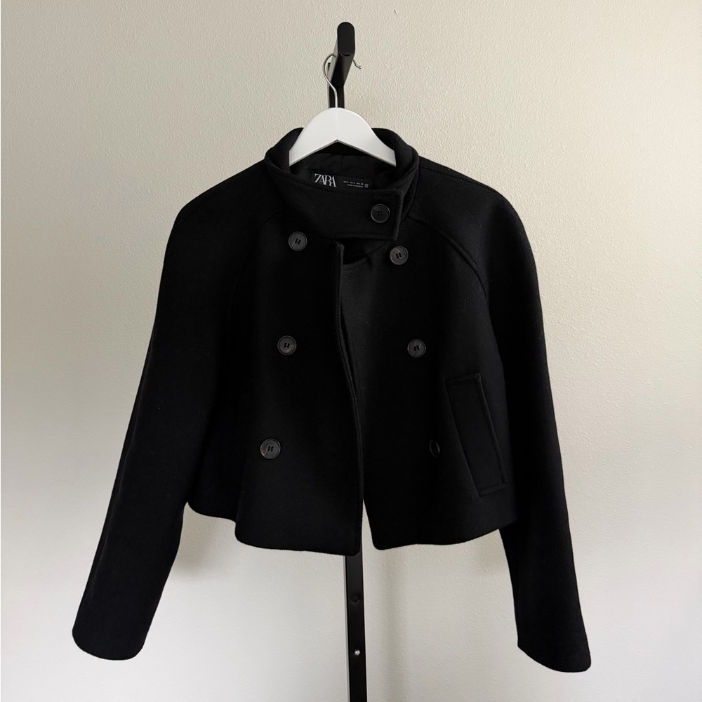 Zara Cropped Black Double-Breasted Jacket